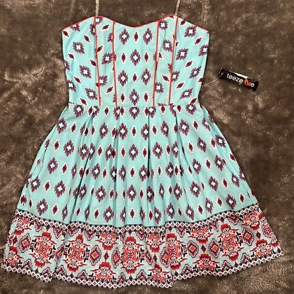 136. Teeze Me Y2K multicolor Aztec Tribal Strapless Corset dress NWT Size S